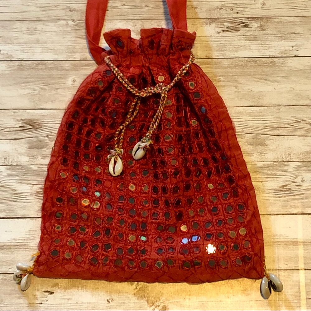 Bohemian mirrored cross-body bag, hand embroidered with cowrie shell detail